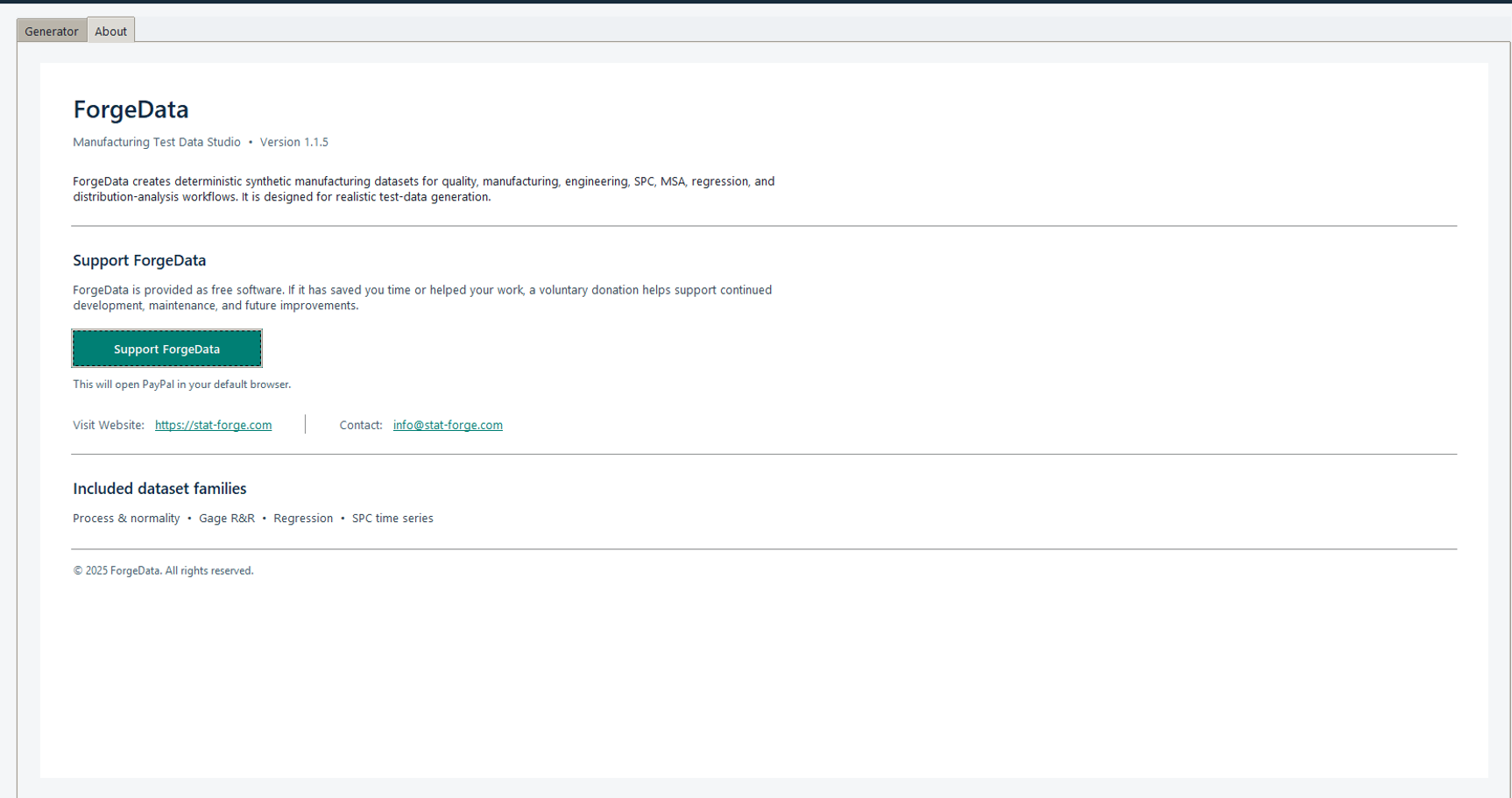 ForgeData About page with Stat-Forge website and support information.