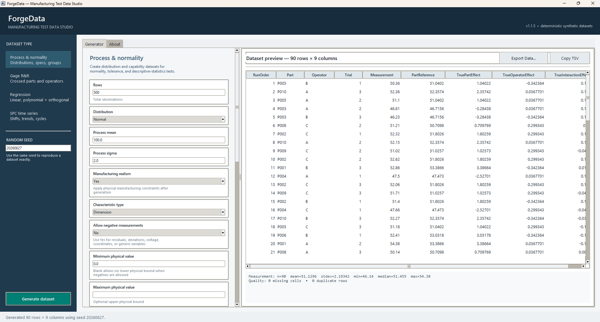 ForgeData main application window showing dataset controls and live preview.